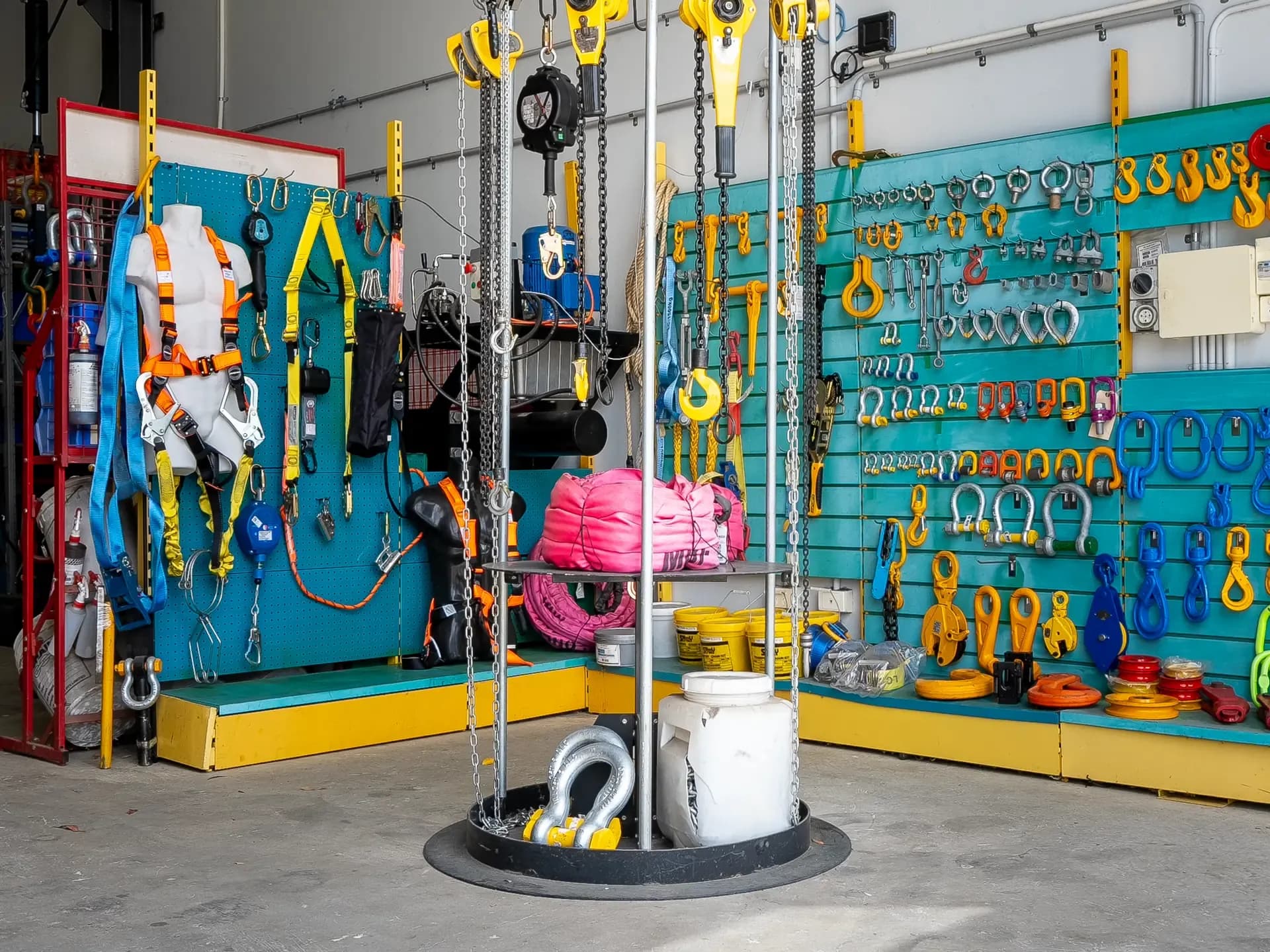 Height safety harnesses, lanyards and rigging hardware on display in the Gold Coast showroom