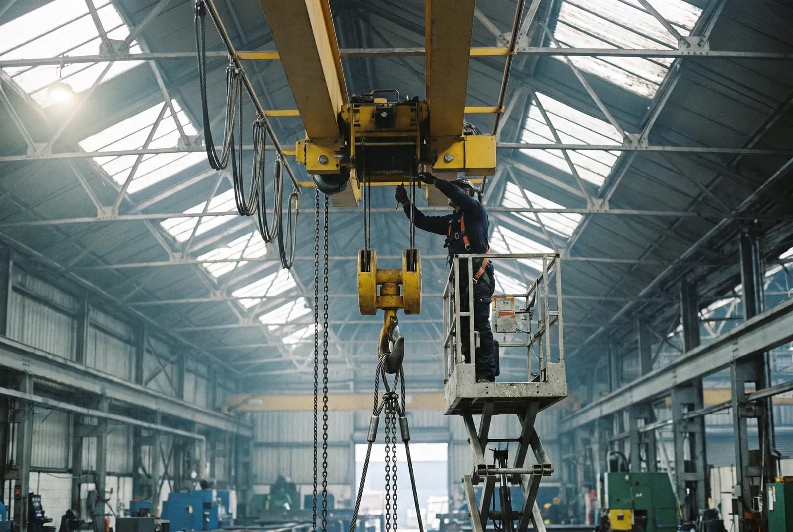 Technician on an elevated work platform servicing an overhead gantry crane hoist in a steel workshop