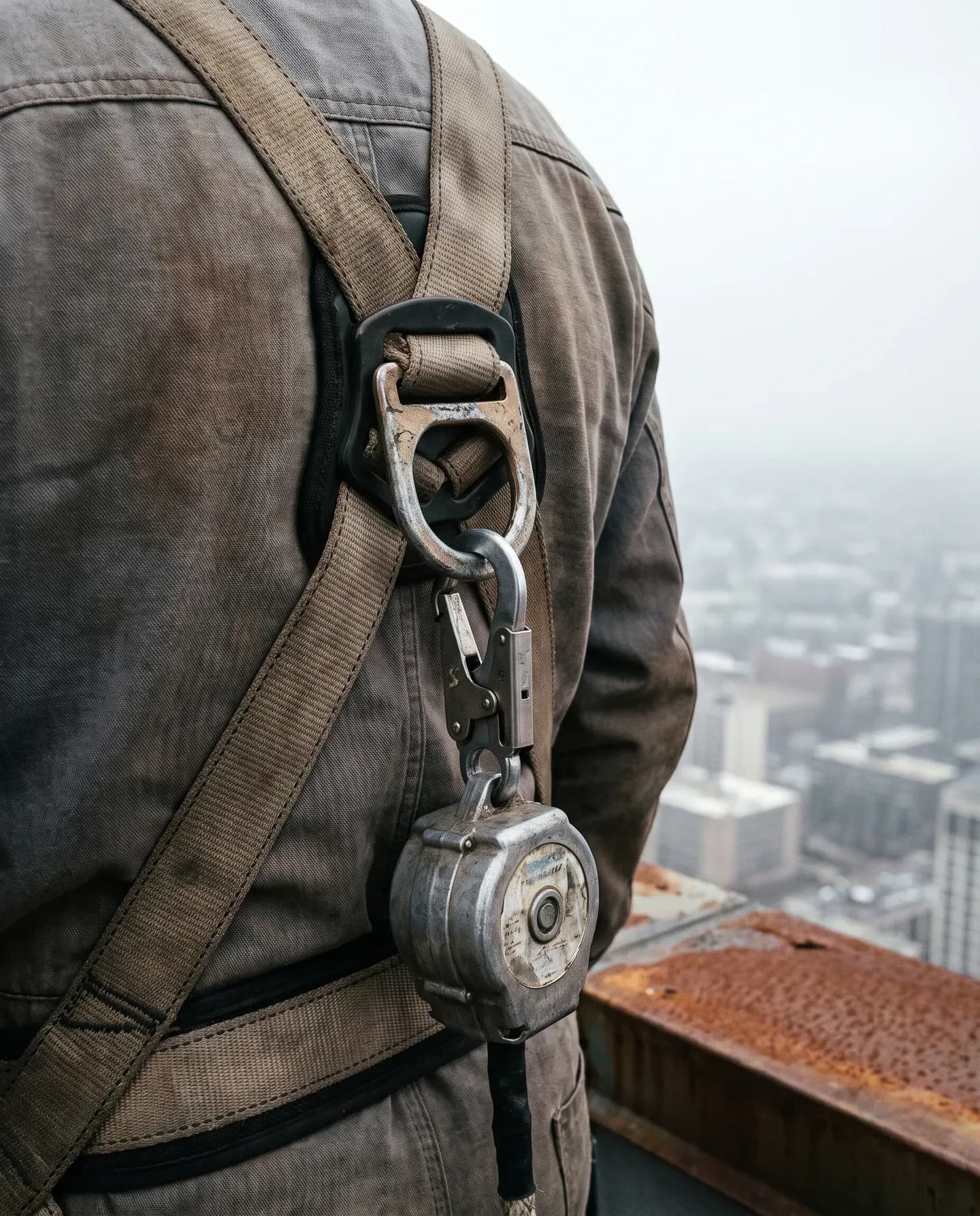 Self-retracting lifeline clipped to the dorsal D-ring of a worker’s harness on a roof edge