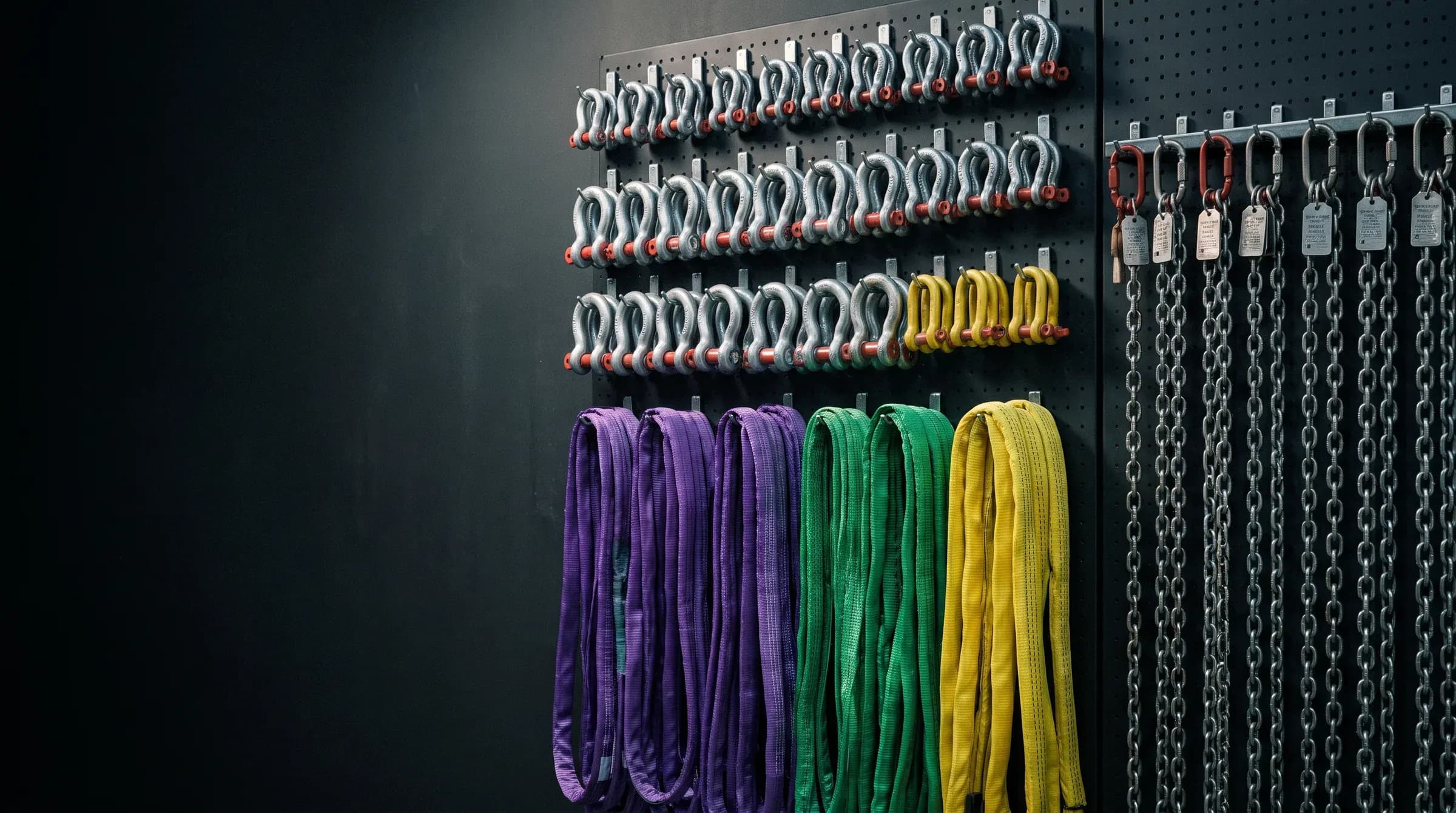 An organised lifting-gear wall: rows of shackles, colour-coded round slings and tagged chain slings in a dark workshop