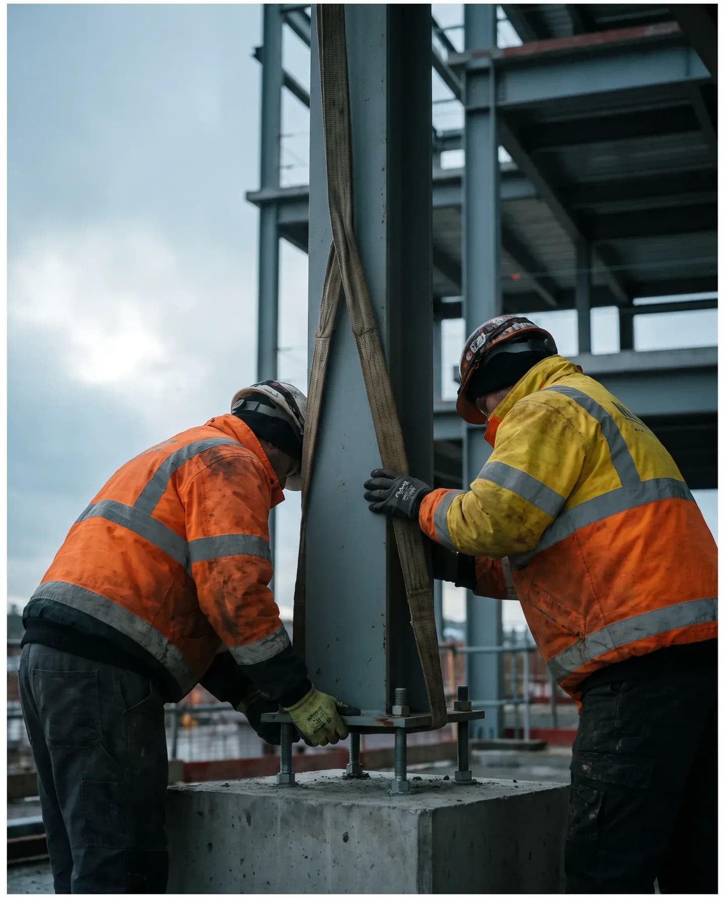Riggers guiding a steel column onto holding-down bolts on a building frame