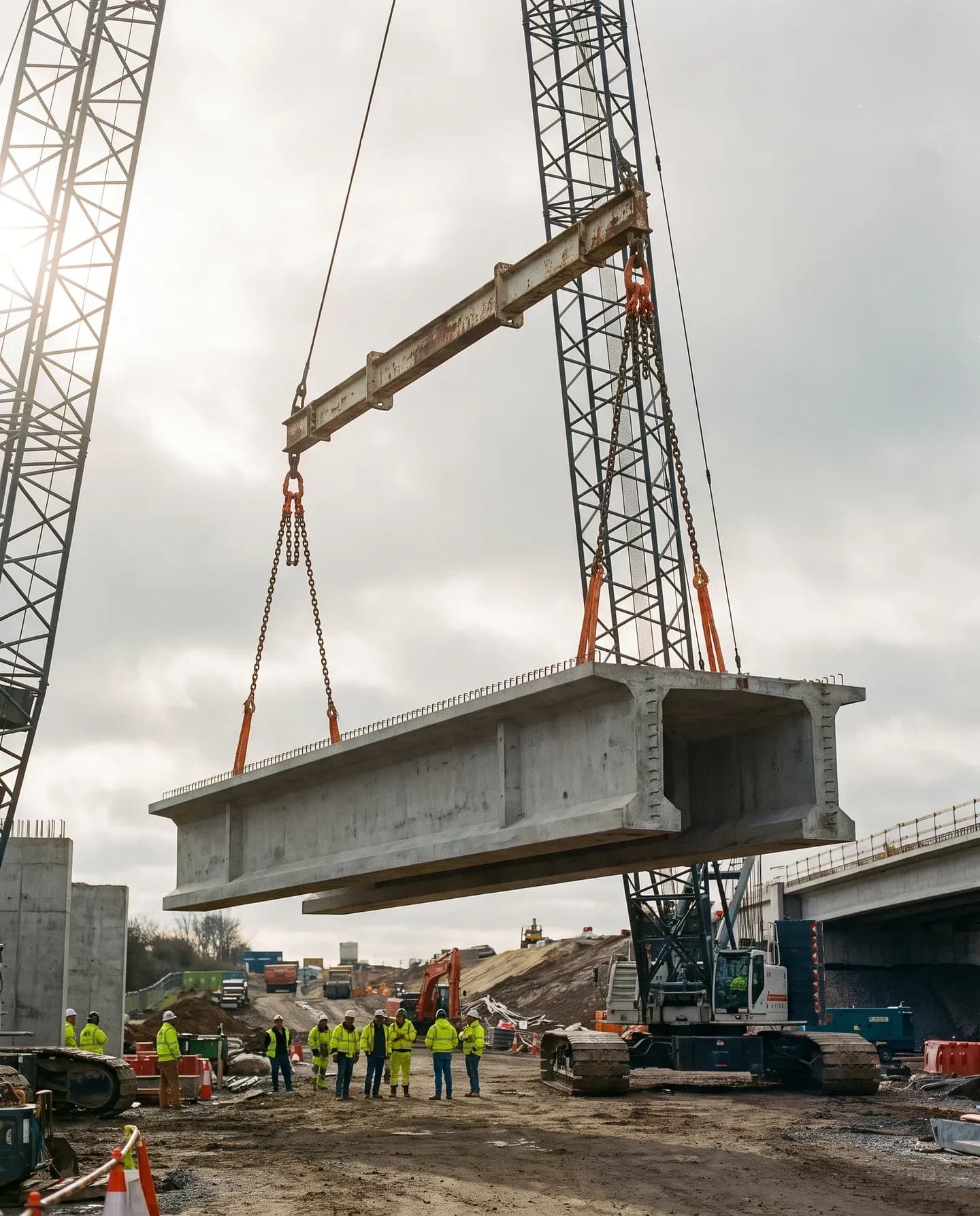 Precast bridge segment lifted by a crawler crane on a highway civil works site