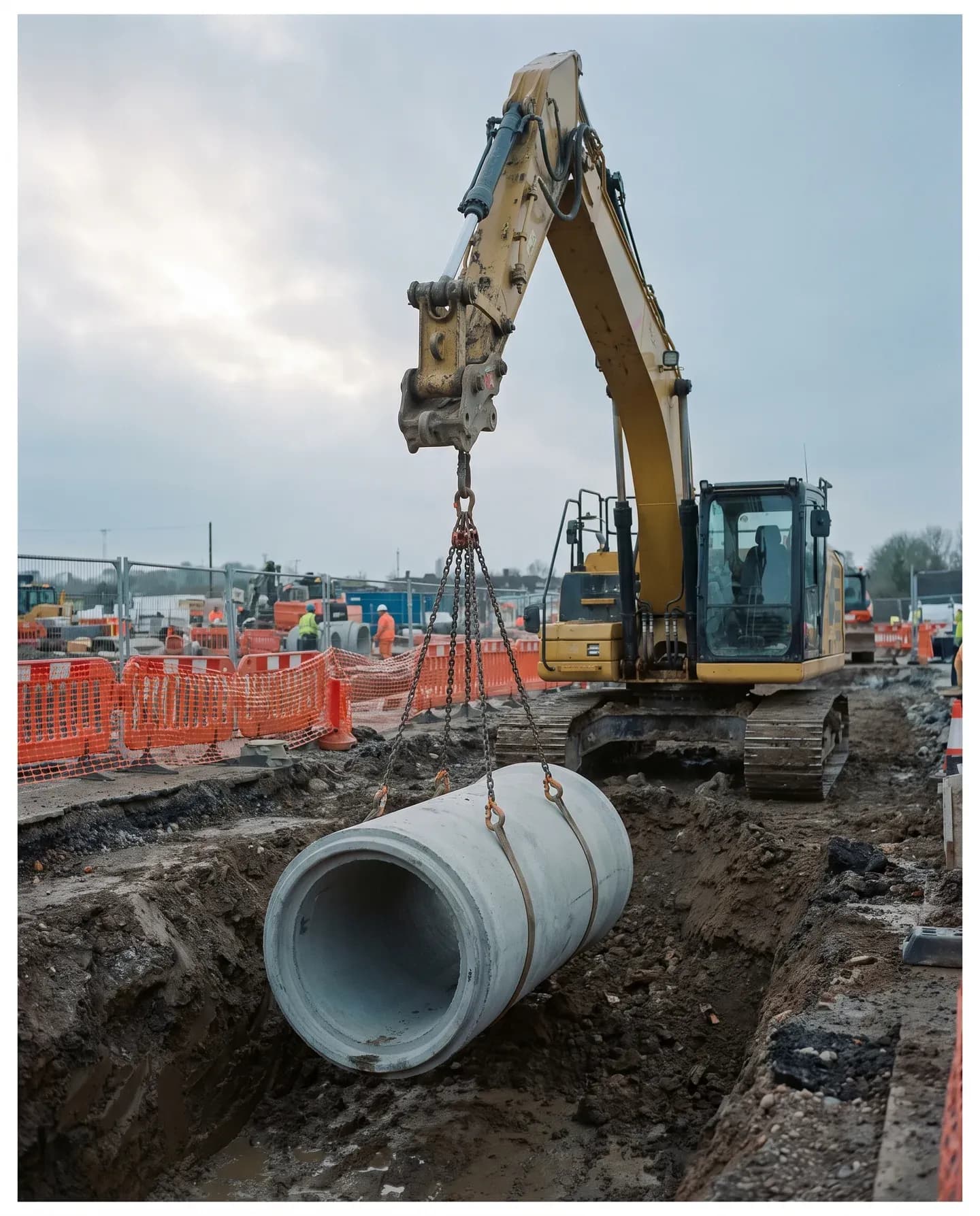 Excavator lowering a concrete pipe into a trench with a chain sling