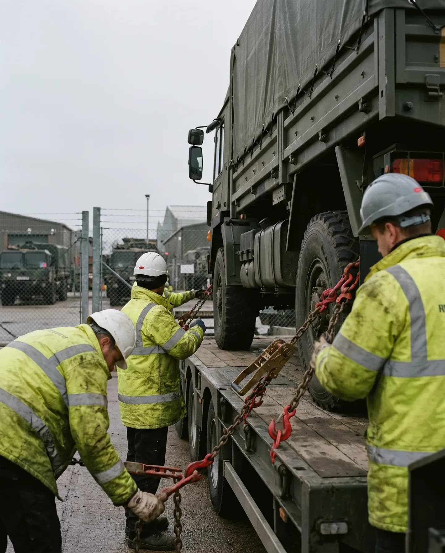 Rigging crew securing a military truck to a low-loader with lashing chains