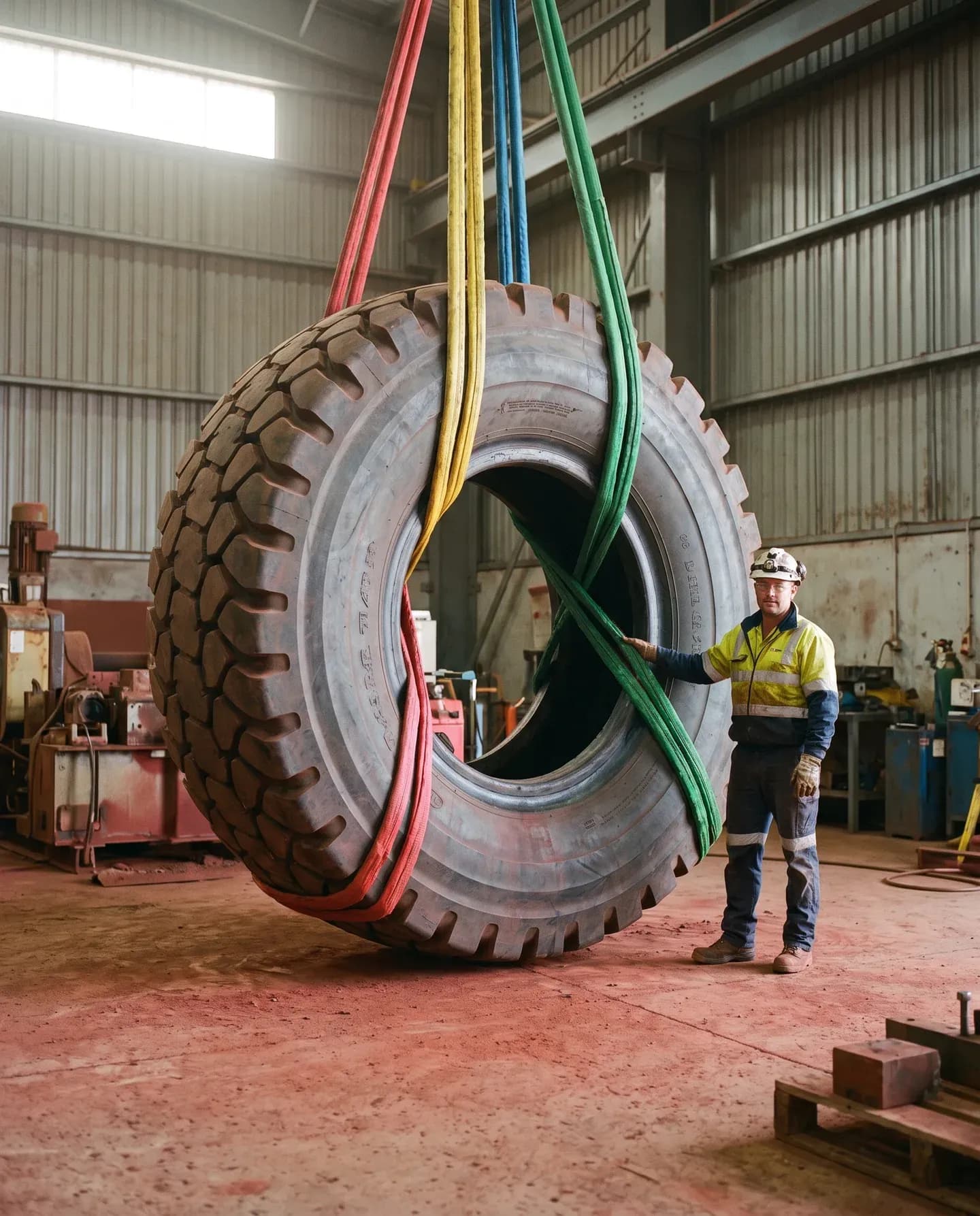 Haul-truck tyre lifted with round slings in a mine workshop