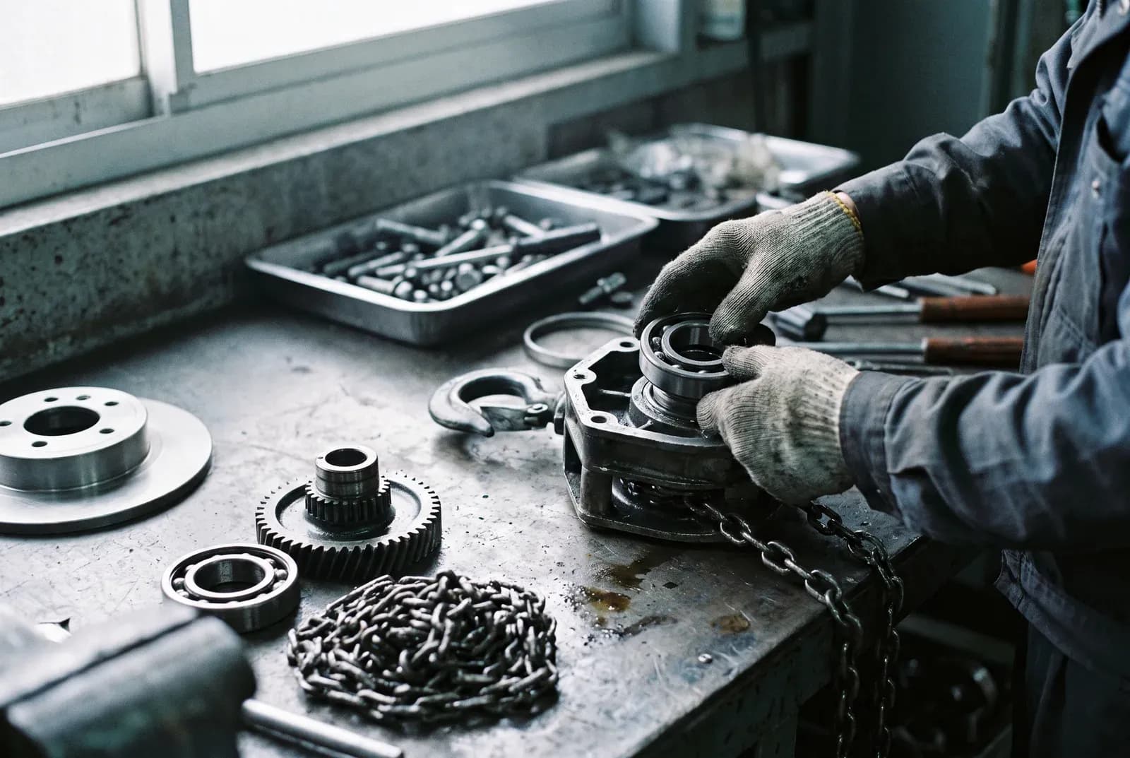 Gloved hands rebuilding a manual chain block on a workshop bench, gears and load chain laid out