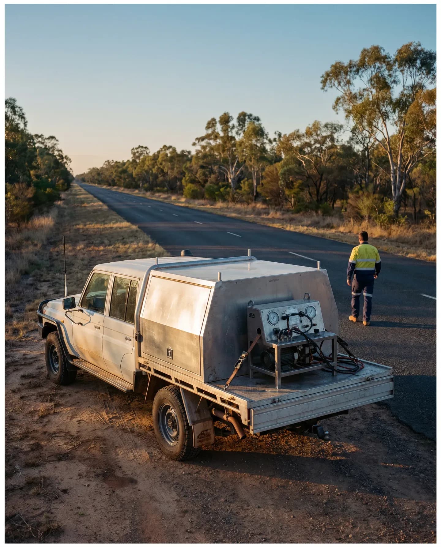 Service ute with a portable load-test bench on the tray at a regional worksite at dawn
