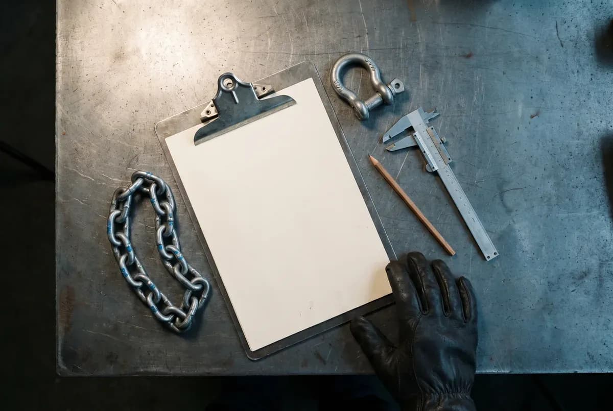 Specification sheet, chain, shackle and caliper on a steel workbench