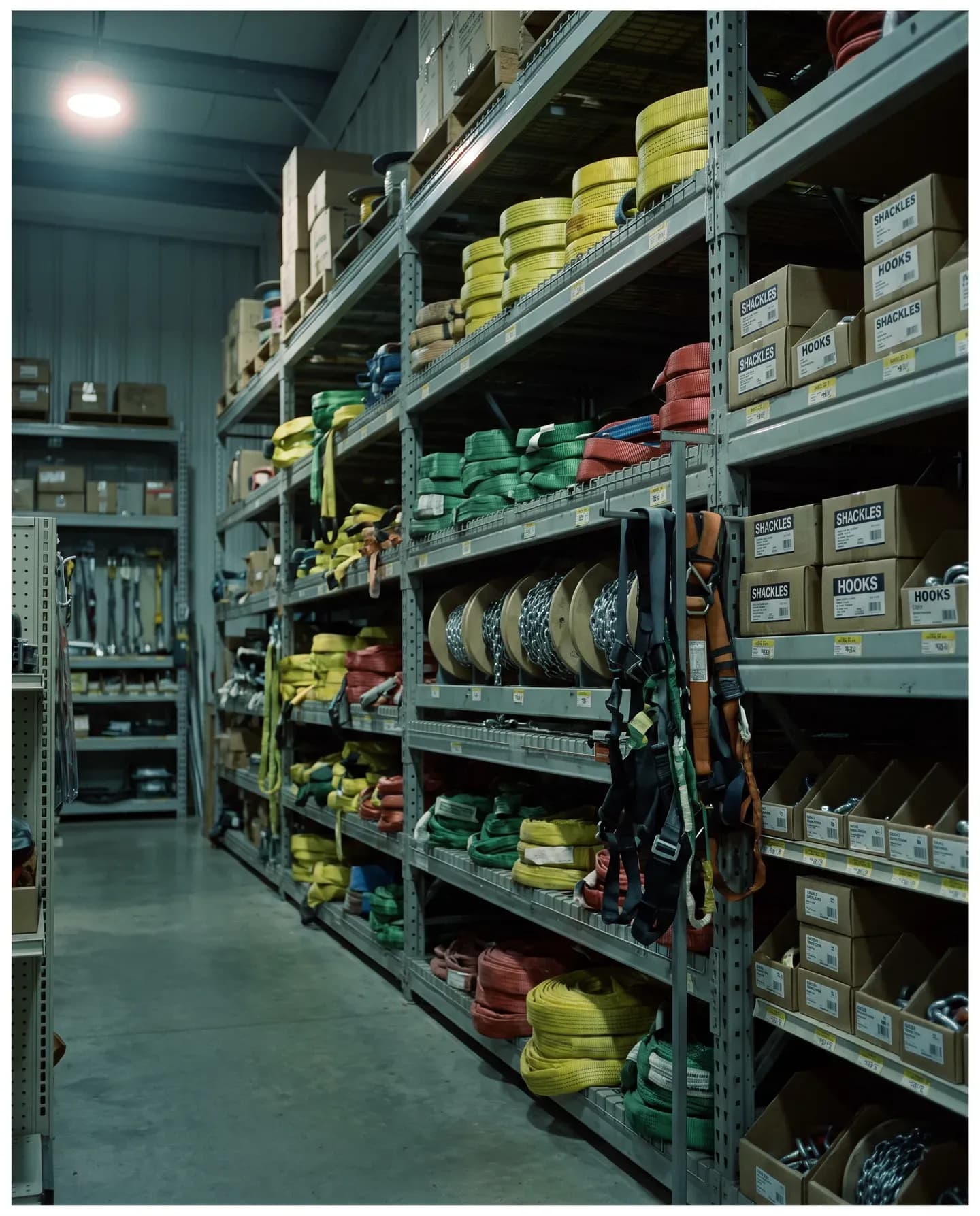 Trade-store shelving stocked with shackles, hooks, round slings, chain and harnesses