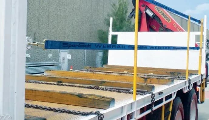 SpanSet WebRail webbing tensioned between posts along the tray of a crane truck