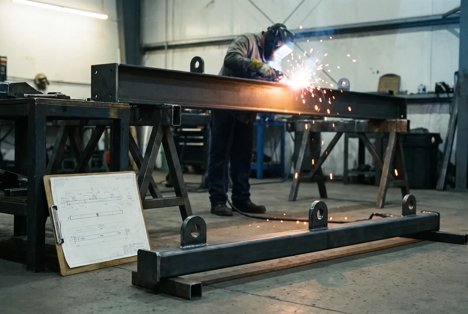 Fabricator welding a custom steel lifting beam on trestles, spreader bar and drawing in the foreground