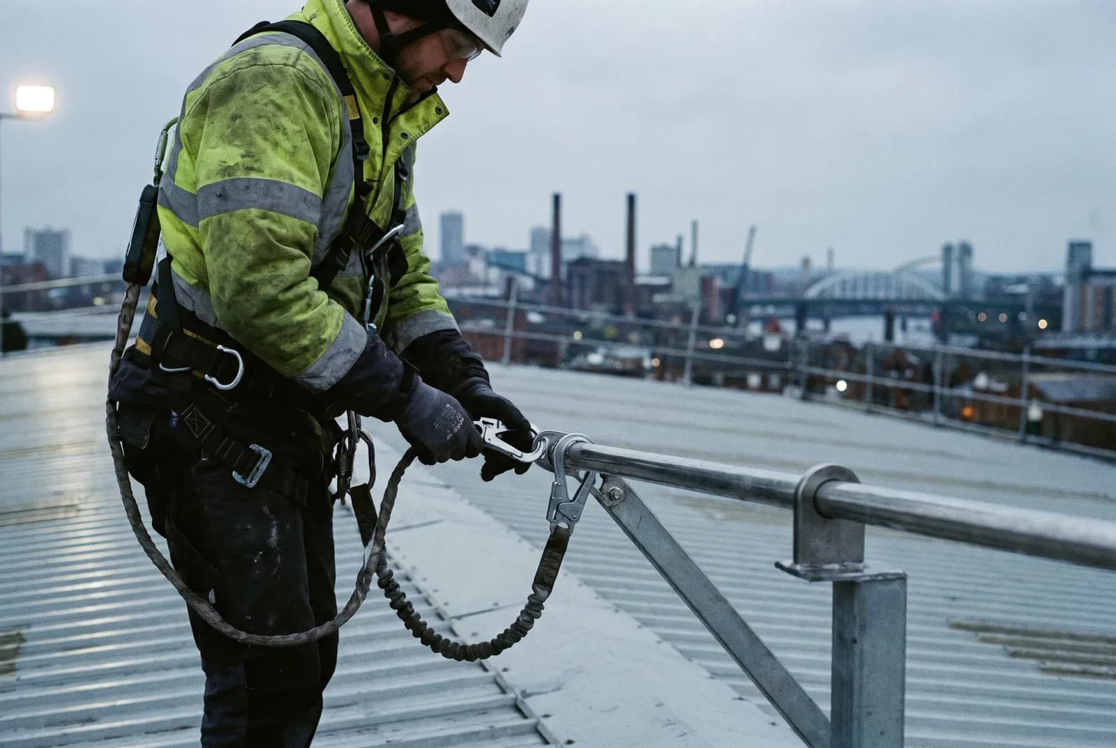 Installer in a full-body harness clipping onto a new static line on a warehouse roof
