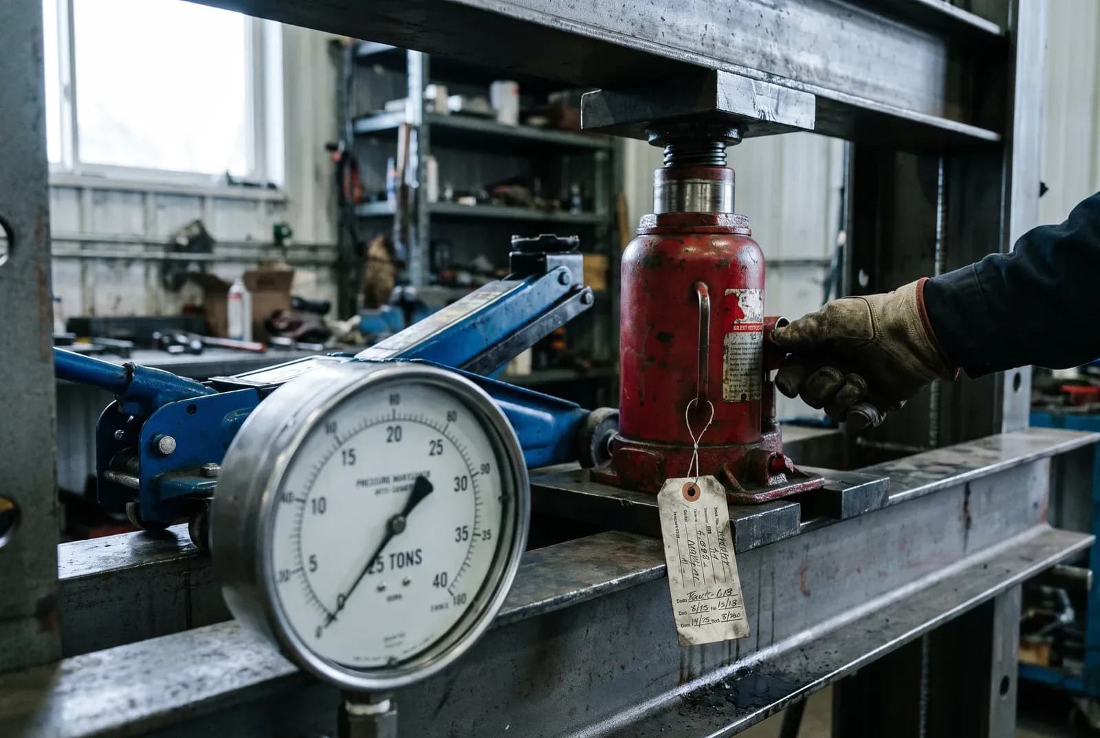 Hydraulic bottle jack under load on a test rig, pressure gauge in sharp focus, inspection tag attached