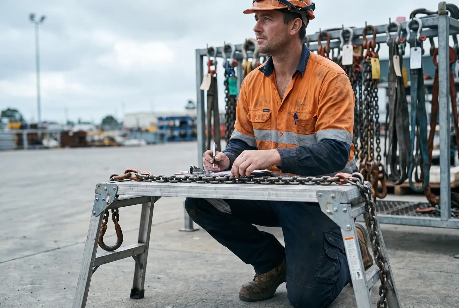 Technician in hi-vis inspecting a chain sling on a portable test bench at an outdoor site, rack of tagged slings behind