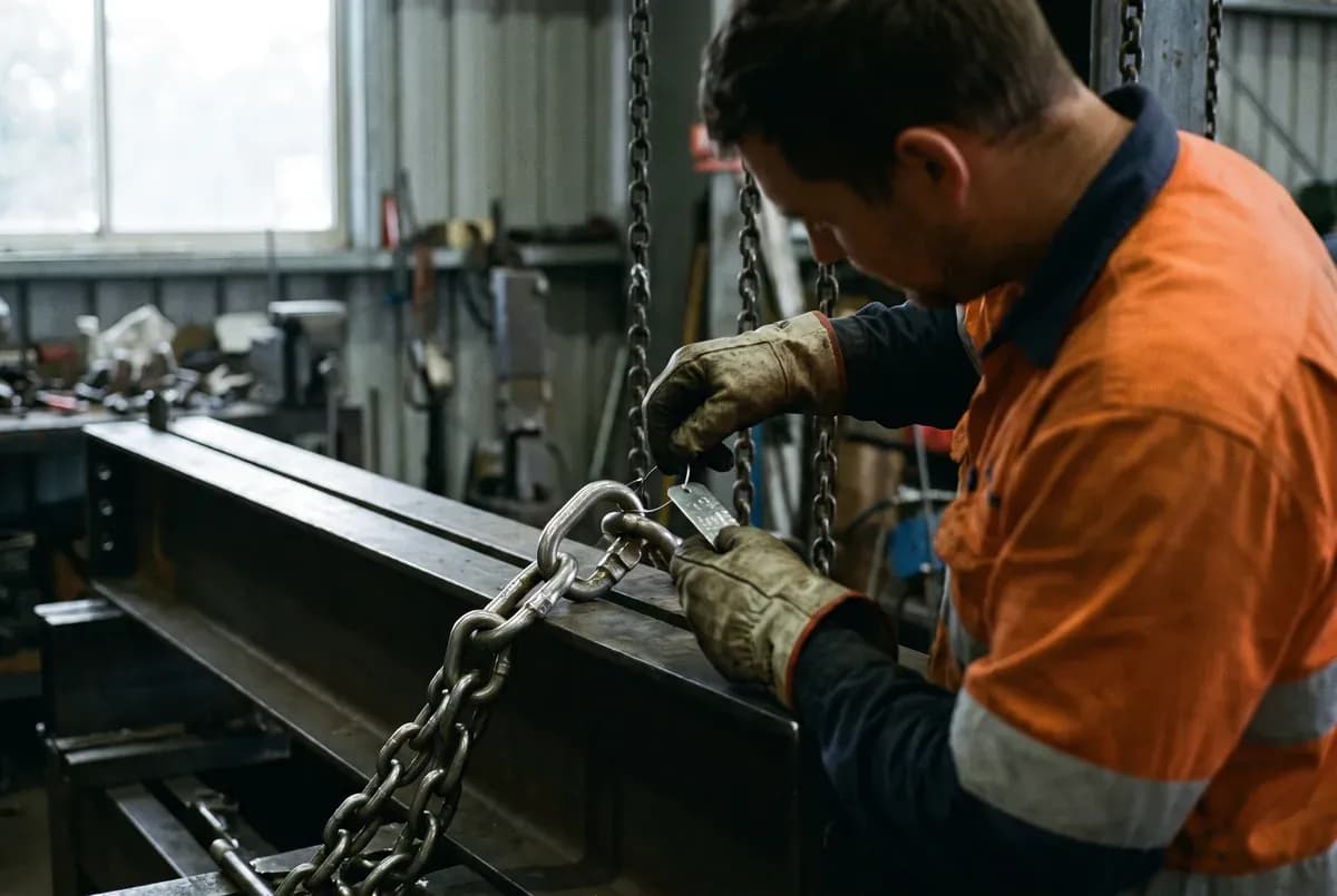 Technician in hi-vis clipping an inspection tag onto a chain sling on a load test bench