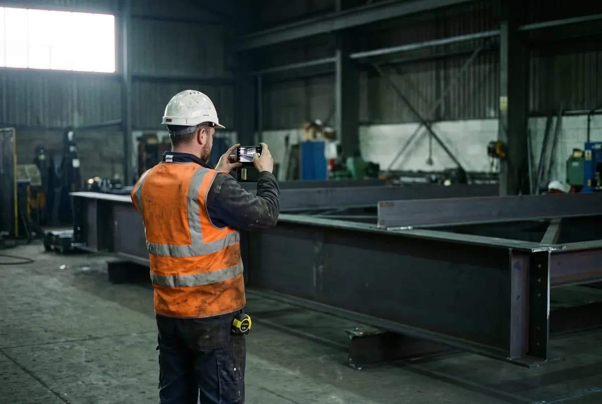 Site supervisor photographing a steel fabrication on a workshop floor