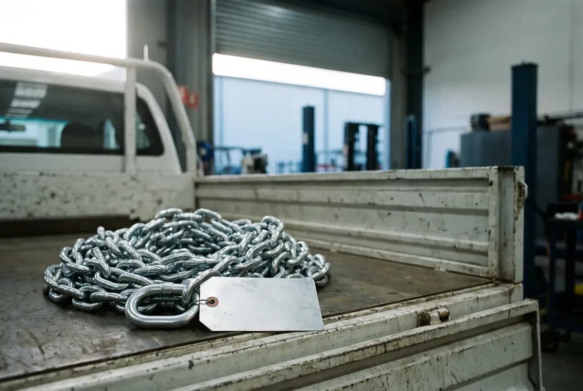 New chain sling with a fresh inspection tag on a ute tray