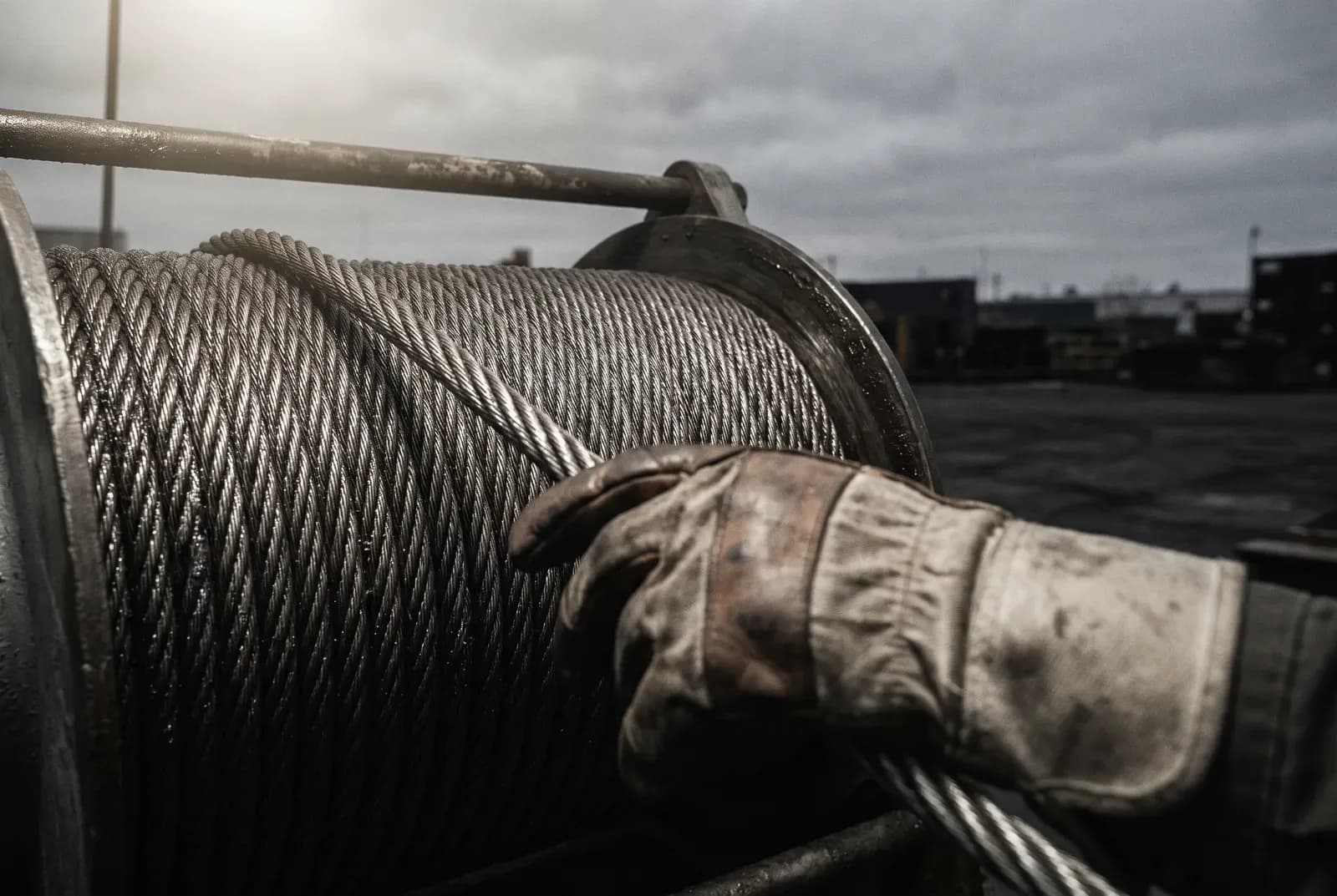 Compacted steel wire rope wound on a crane hoist drum